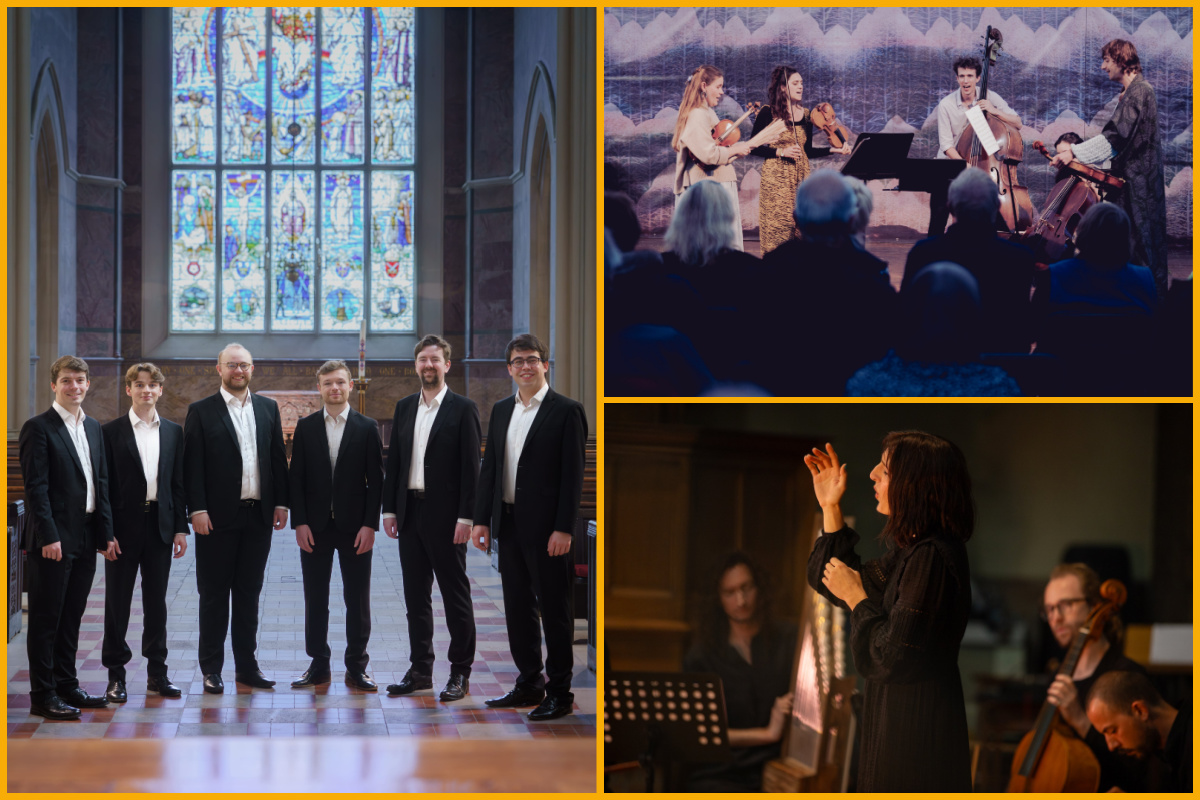 Images (left to right) The Gesualdo Six by Ash Mills, Songs for the Earth by Matthew Johnson, Idrîsî Ensemble.